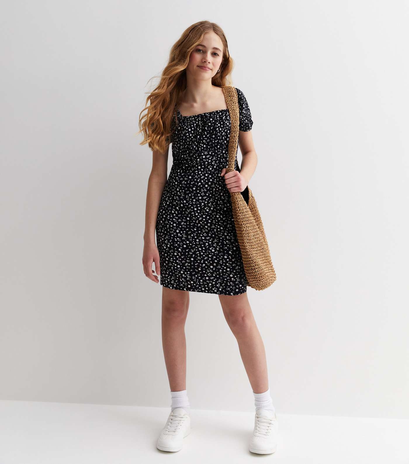 Girls Black Ditsy Floral Ribbed Ruched Mini Dress Image 3
