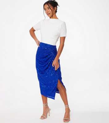 QUIZ Petite Bright Blue Sequin Ruched Midi Skirt