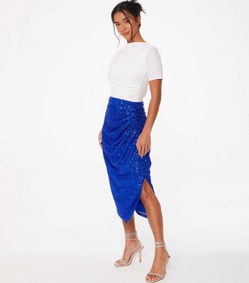 QUIZ Petite Bright Blue Sequin Ruched Midi Skirt New Look