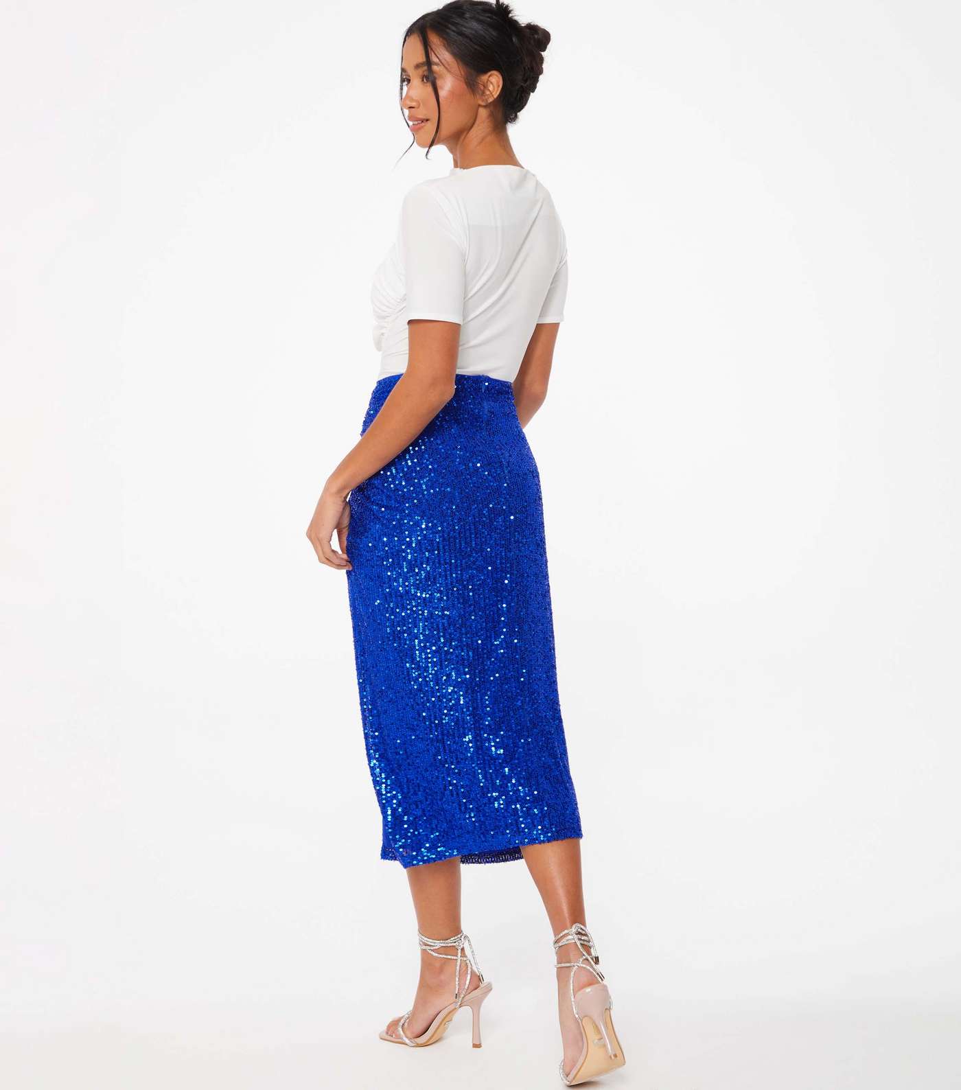 QUIZ Petite Bright Blue Sequin Ruched Midi Skirt Image 3