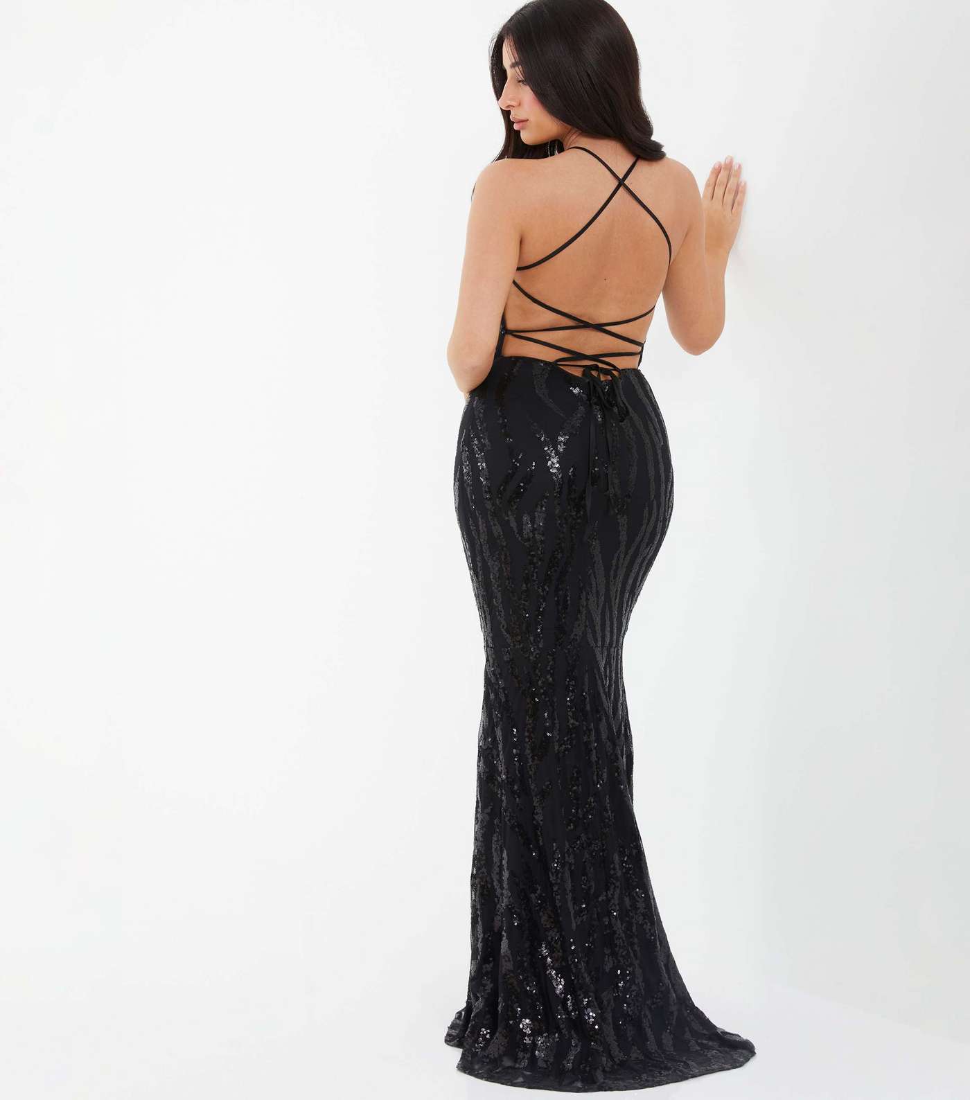 QUIZ Petite Black Sequin Strappy Maxi Dress Image 3