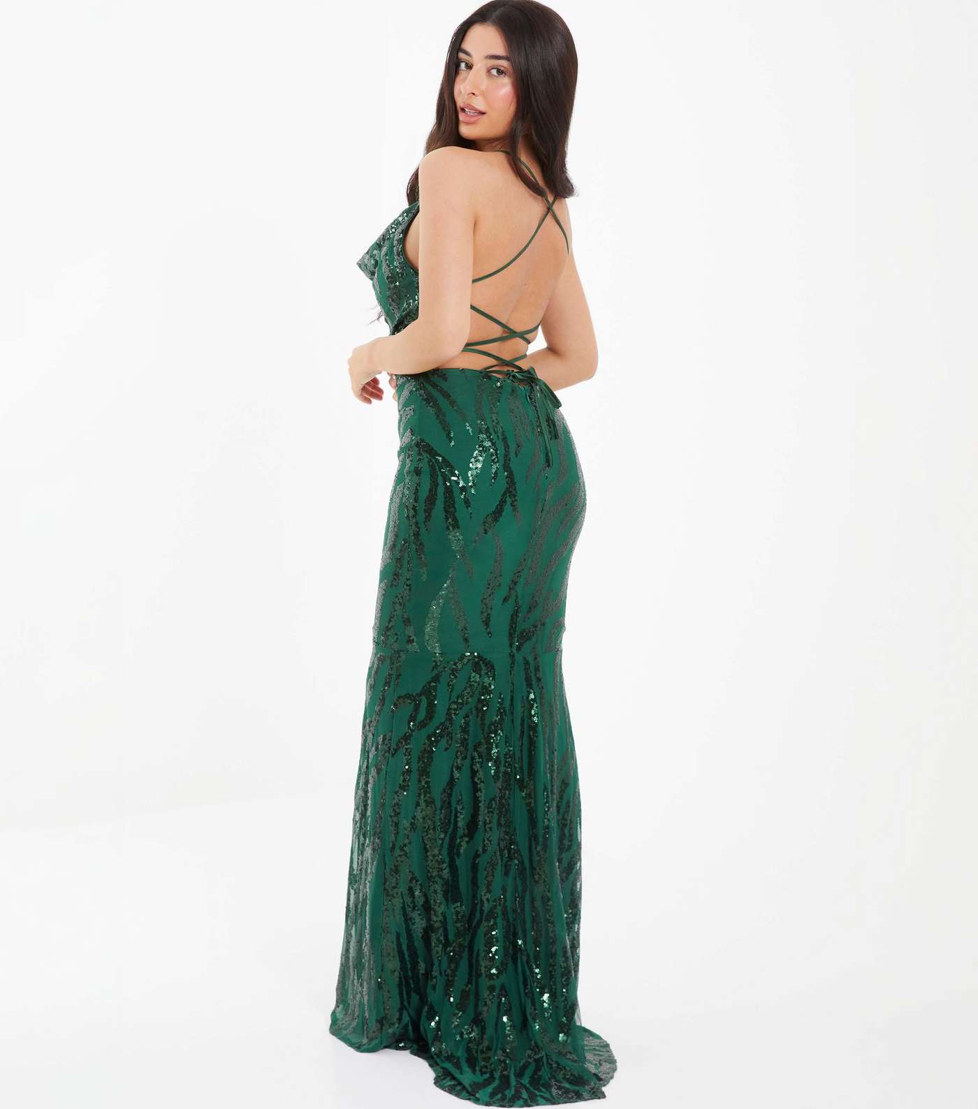 QUIZ Petite Dark Green Sequin Strappy Maxi Dress Image 3