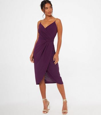 QUIZ Petite Dark Purple Chain Wrap Midi Dress | New Look