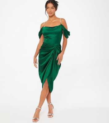 QUIZ Petite Green Satin Cold Shoulder Ruched Midi Dress