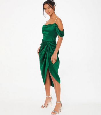 QUIZ Petite Green Satin Cold Shoulder Ruched Midi Dress New Look