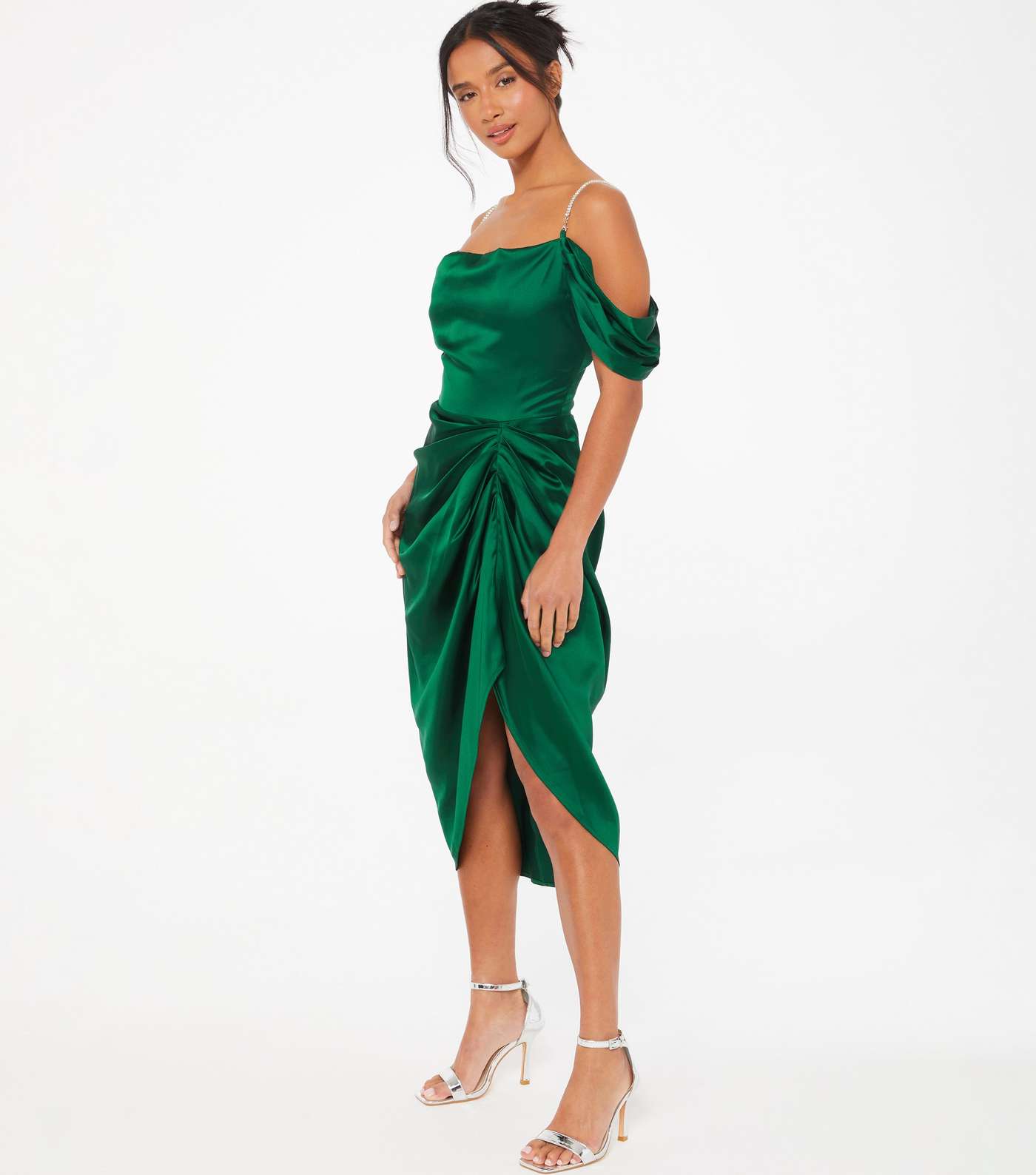 QUIZ Petite Green Satin Cold Shoulder Ruched Midi Dress Image 2