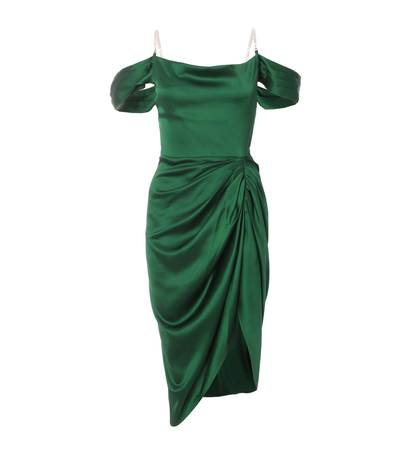 QUIZ Petite Green Satin Cold Shoulder Ruched Midi Dress Image 4
