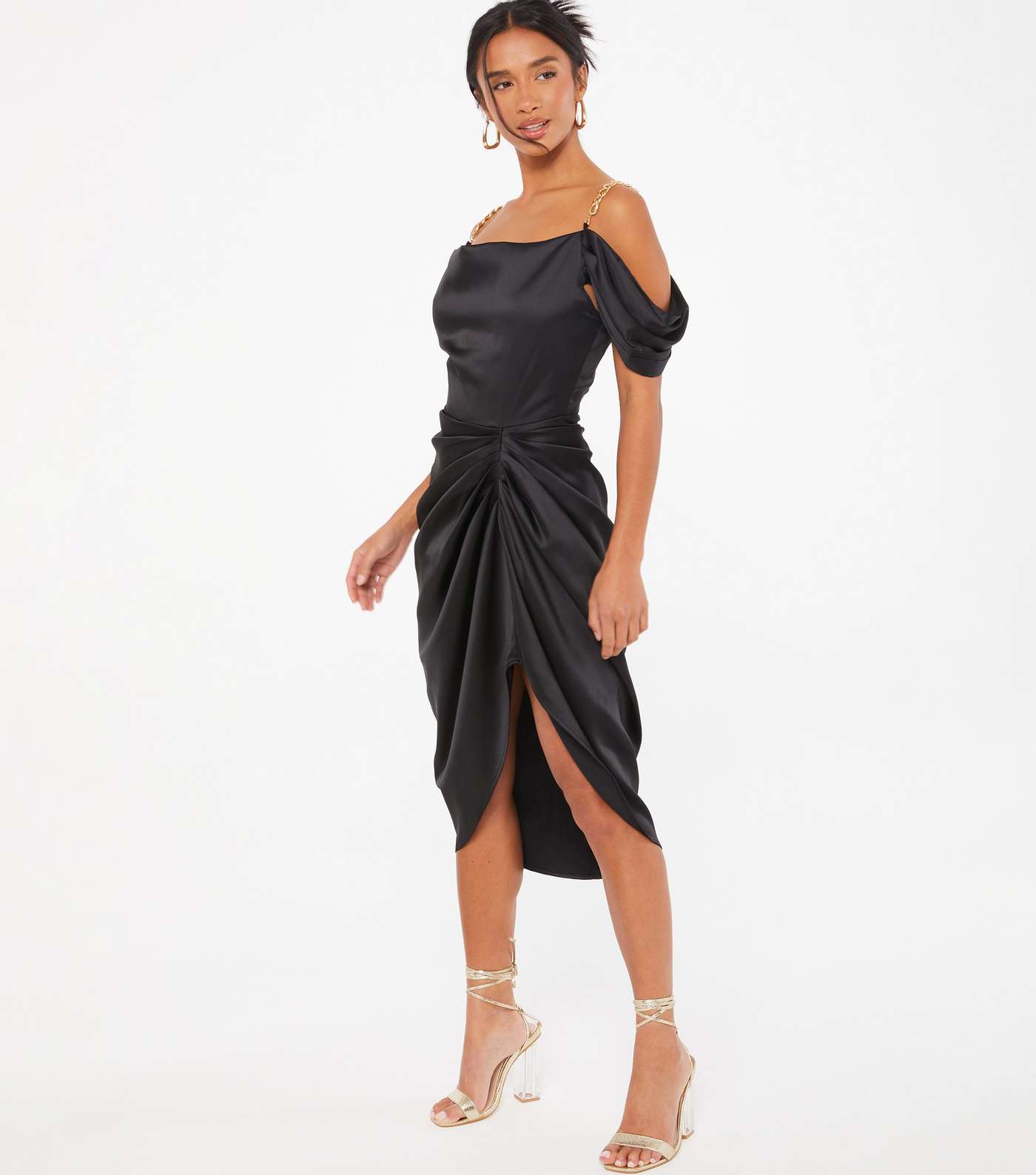 QUIZ Petite Black Satin Cold Shoulder Ruched Midi Dress Image 2