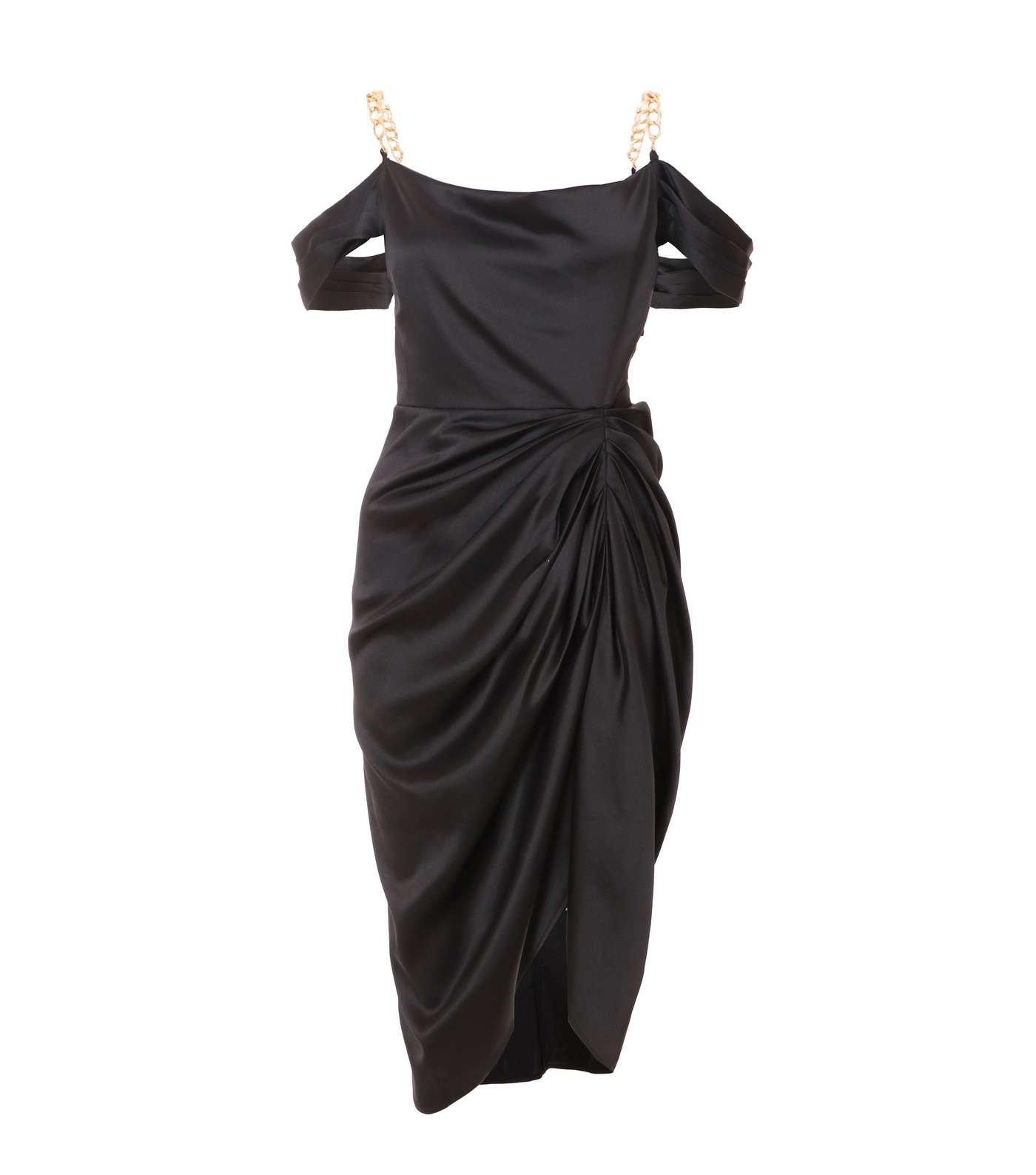 QUIZ Petite Black Satin Cold Shoulder Ruched Midi Dress Image 4