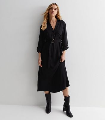 Black midi shirt dress with sleeves on sale