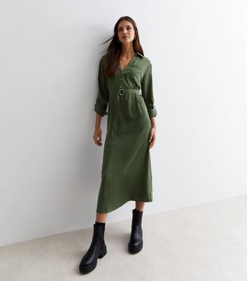 Khaki Long Sleeve D Ring Midi Shirt Dress New Look