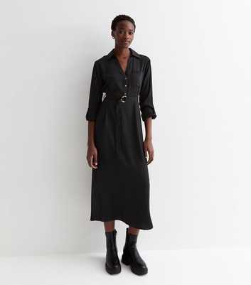 Tall Black Long Sleeve D Ring Midi Shirt Dress