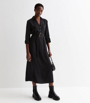 Tall Black Long Sleeve D Ring Midi Shirt Dress New Look