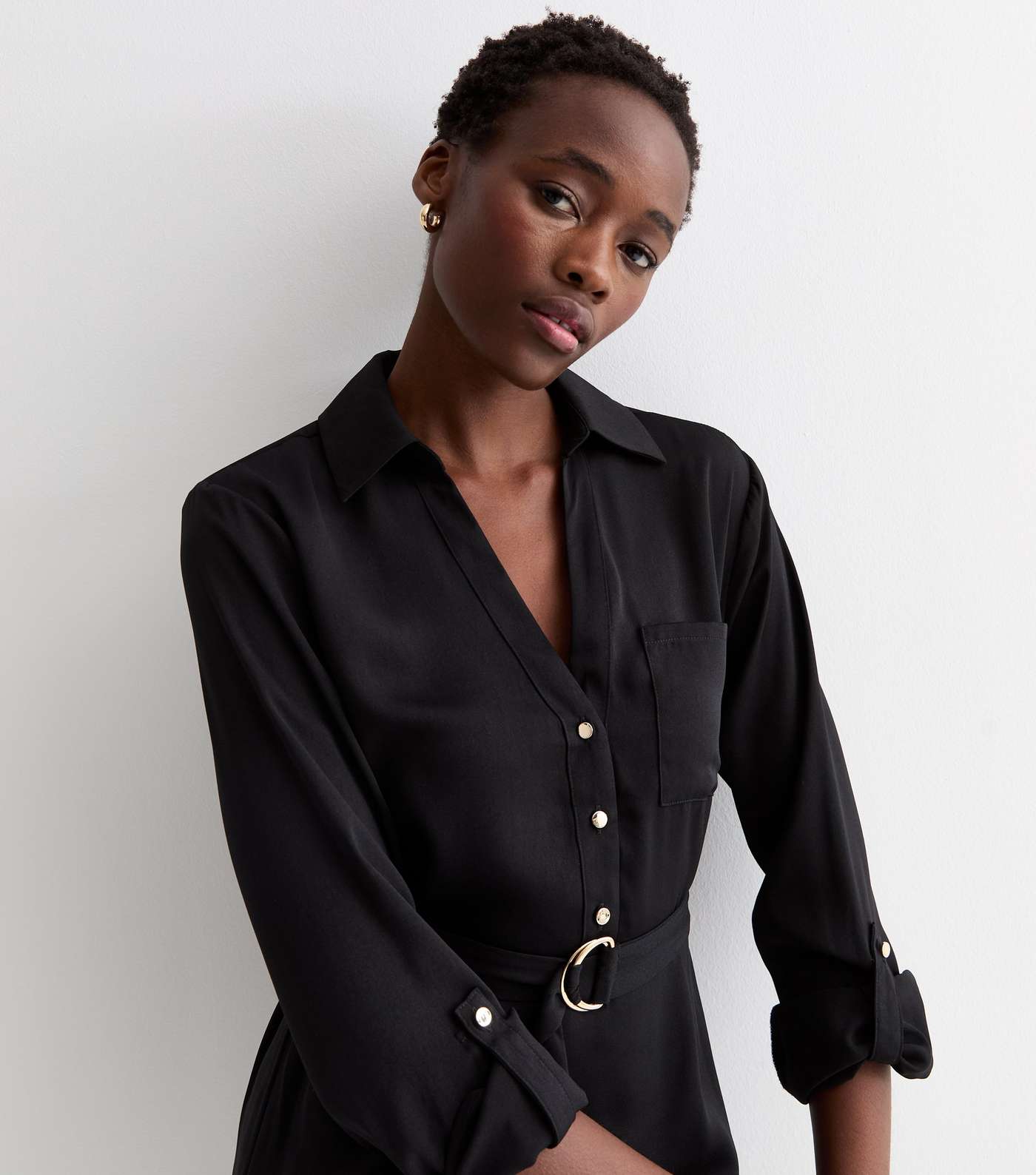 Tall Black Long Sleeve D Ring Midi Shirt Dress Image 3
