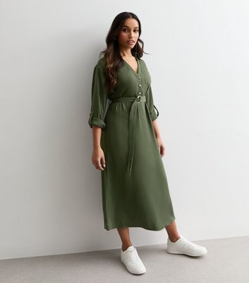 Petite Khaki Belted Midi Shirt Dress New Look