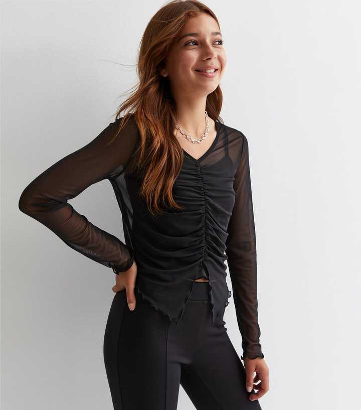 Girls Black Mesh Long Sleeve Butterfly Hem Top