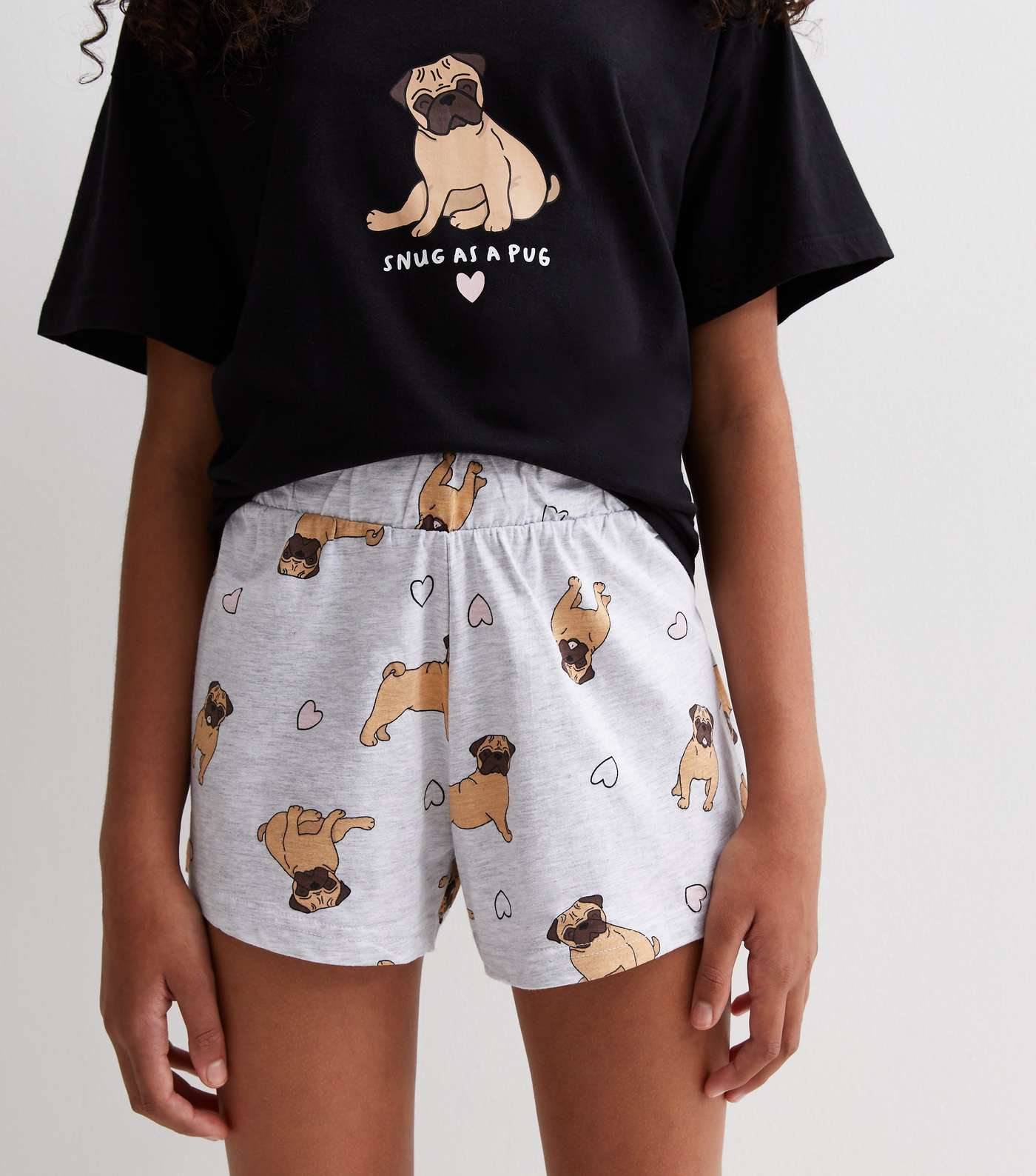 Girls Black Short Pyjama Set with Pug Print Image 4