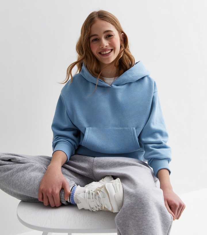 Girls Pale Blue Pocket Front Crop Hoodie