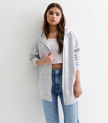 Girls Grey Longline Zip Up Hoodie New Look