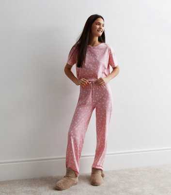 Mid Pink Wide Leg Trouser Pyjama Set with Heart Print