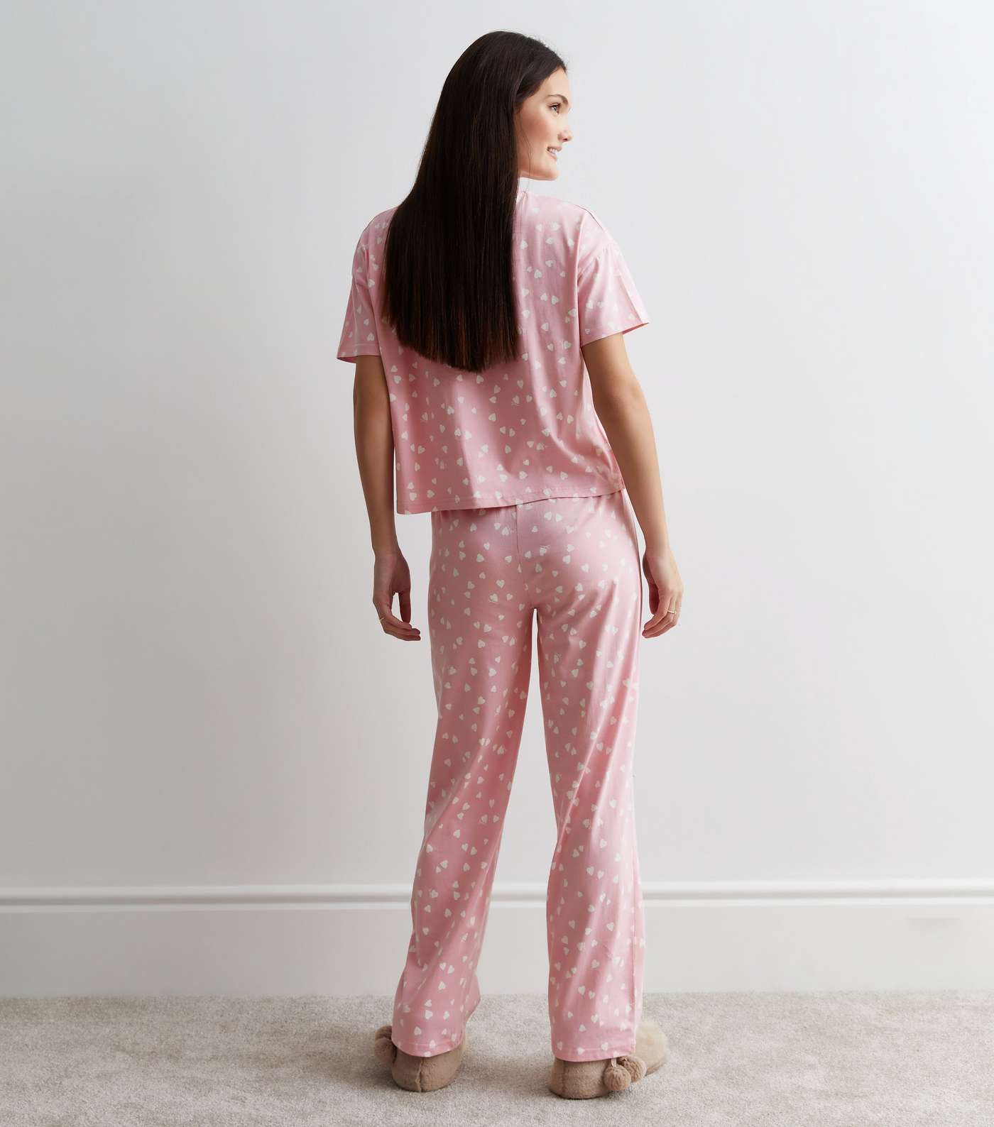 Mid Pink Wide Leg Trouser Pyjama Set with Heart Print Image 4