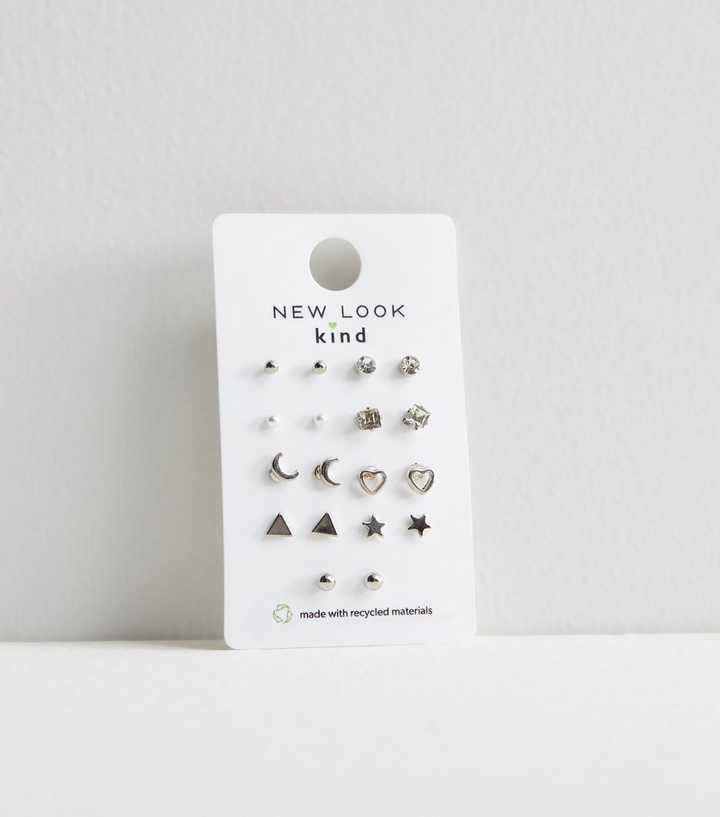9 Pack Silver Mixed Tiny Stud Earrings | New Look