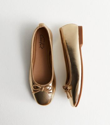 Gold Leather Look Bow Ballet Pumps New Look