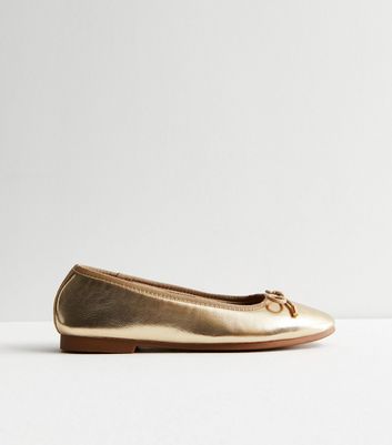 Gold Leather-Look Bow Ballet Pumps New Look