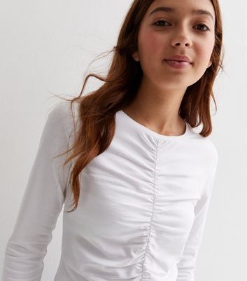 Girls White Ribbed Ruched Long Sleeve Top New Look