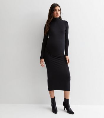 Maternity Black Ribbed High Neck Midi Dress New Look
