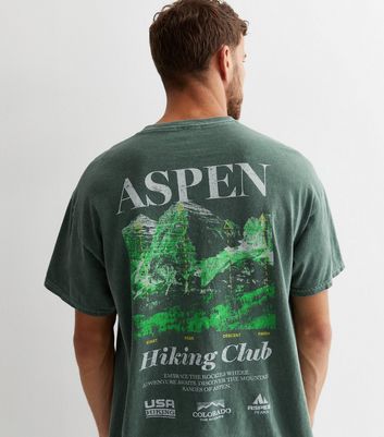 Men's Dark Green Cotton Aspen Peaks Logo T-Shirt New Look