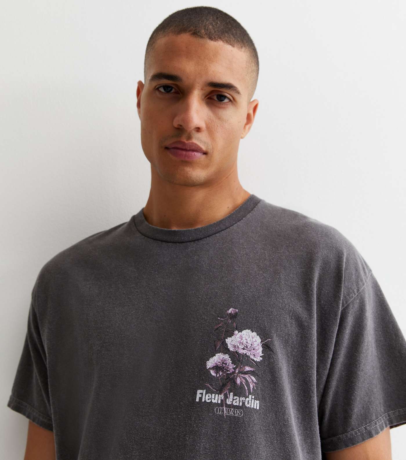 Dark Grey Fleur Jardin Print Relaxed Fit Cotton T-Shirt Image 3