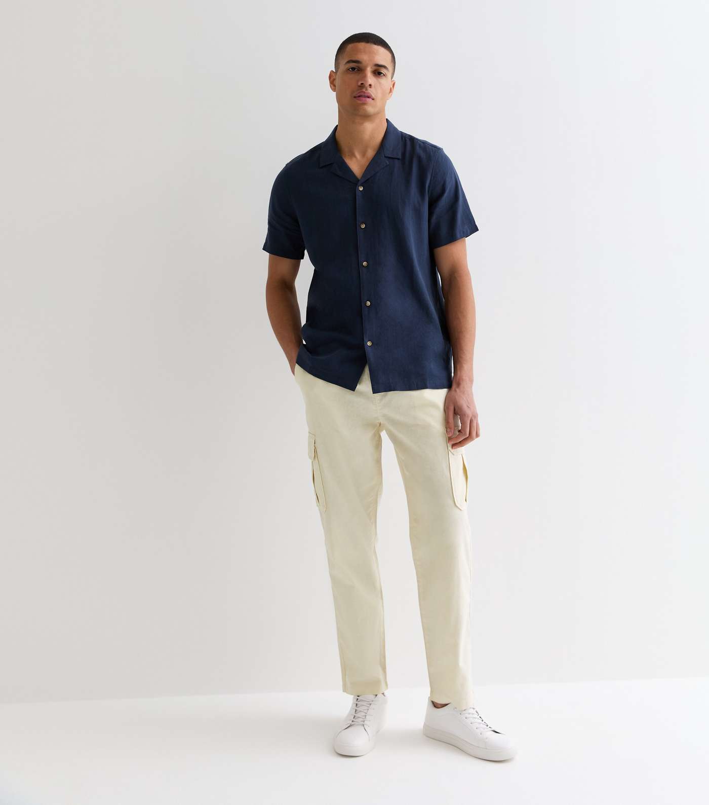 Stone Linen Blend Cargo Trousers Image 2
