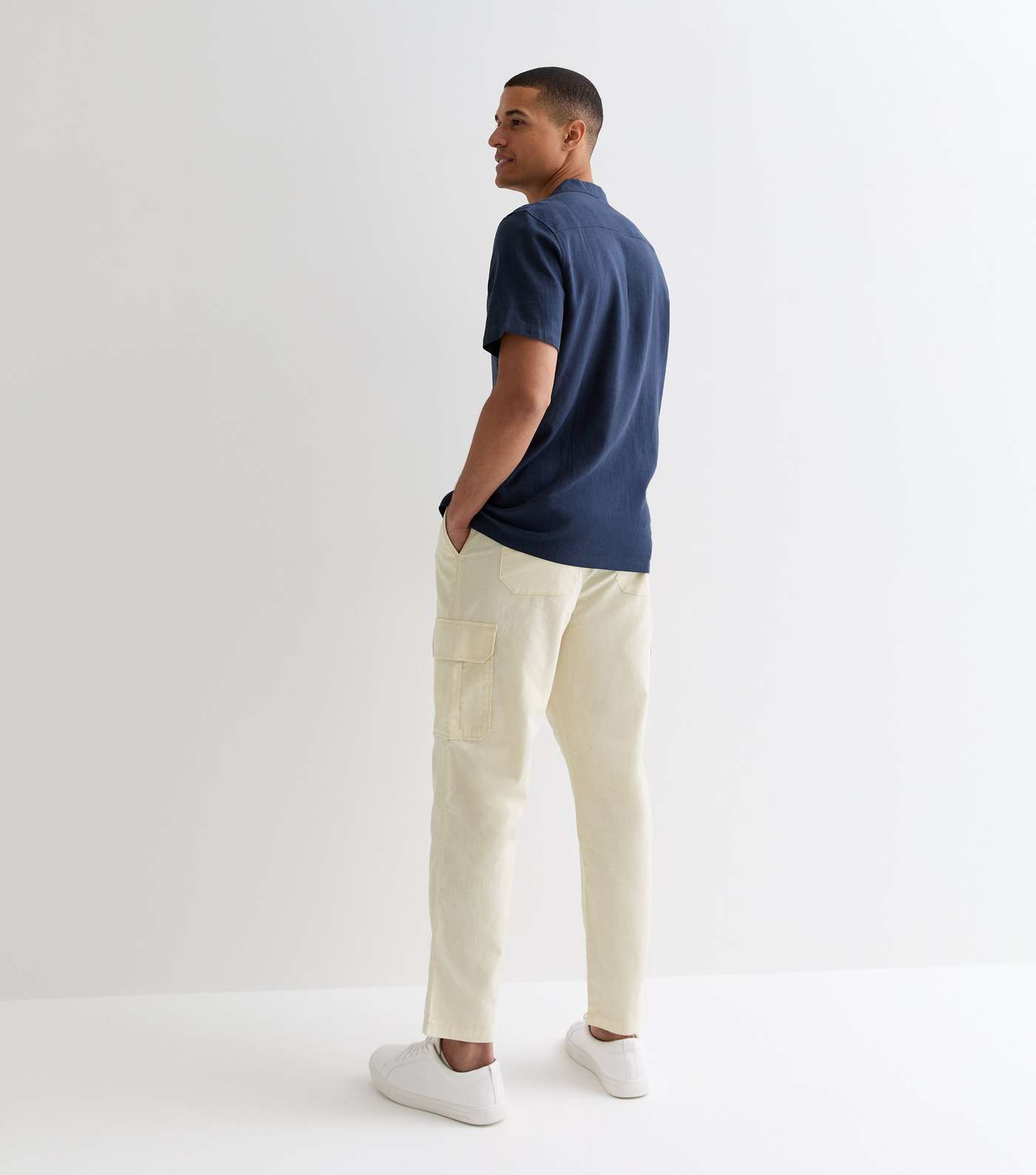 Stone Linen Blend Cargo Trousers Image 4