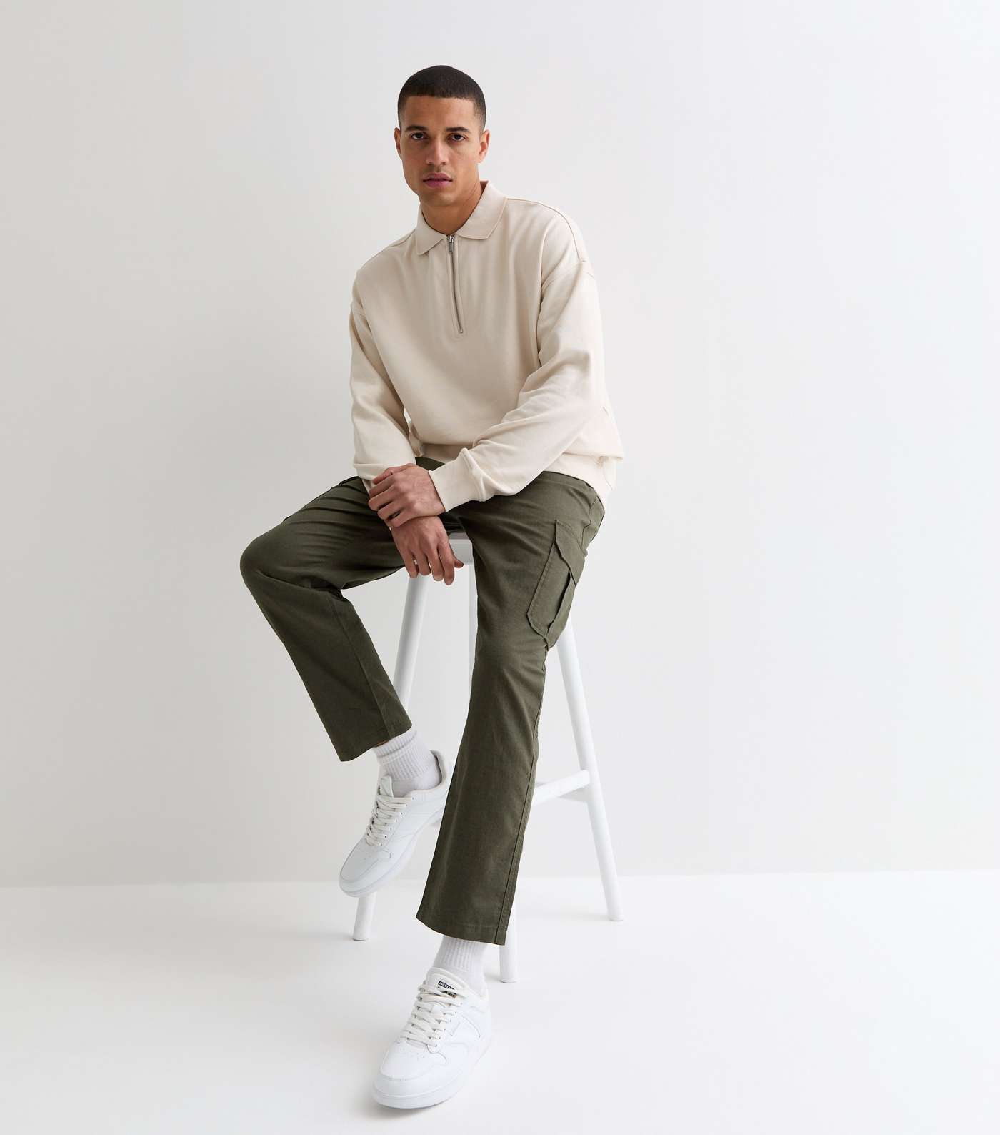 Khaki Linen Blend Cargo Trousers Image 3