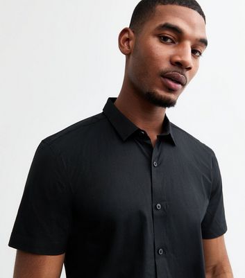 Black Poplin Short Sleeve Muscle Fit Shirt New Look