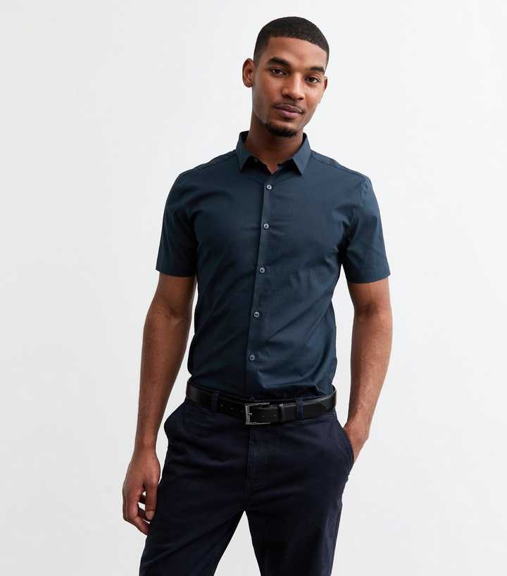 mens navy blue short sleeve button down shirt