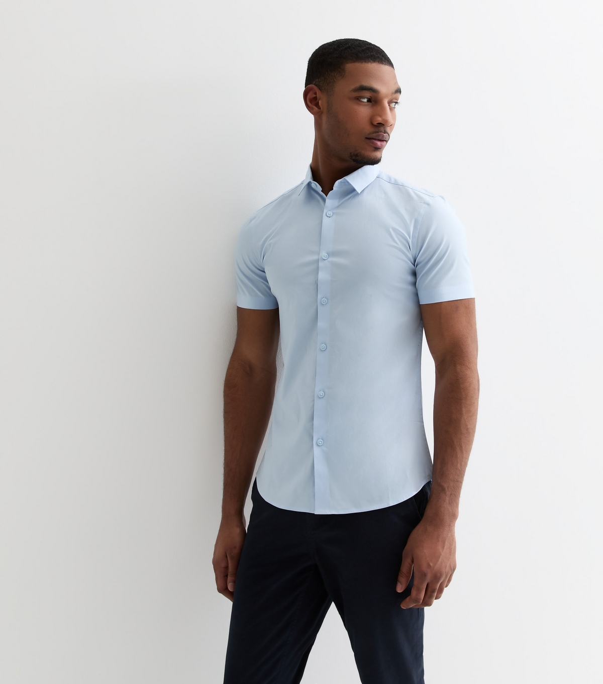 Men's Pale Blue Poplin Short Sleeve Muscle Fit Shirt New Look