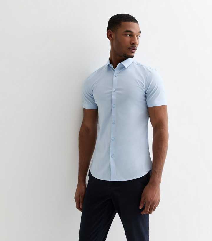 Pale Blue Poplin Short Sleeve Muscle Fit Shirt | New Look