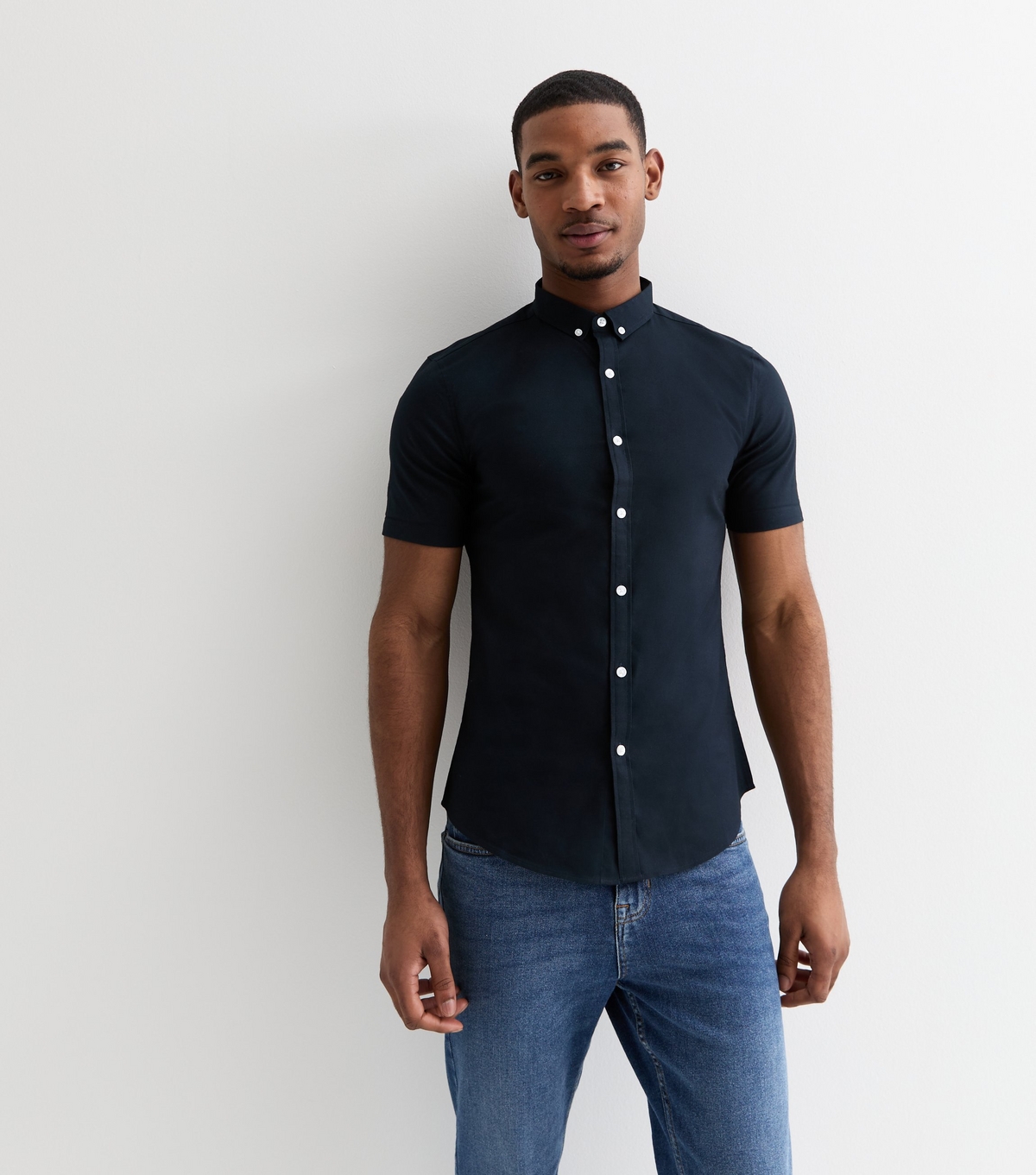 Men's Navy Slim Short Sleeve Oxford Shirt New Look