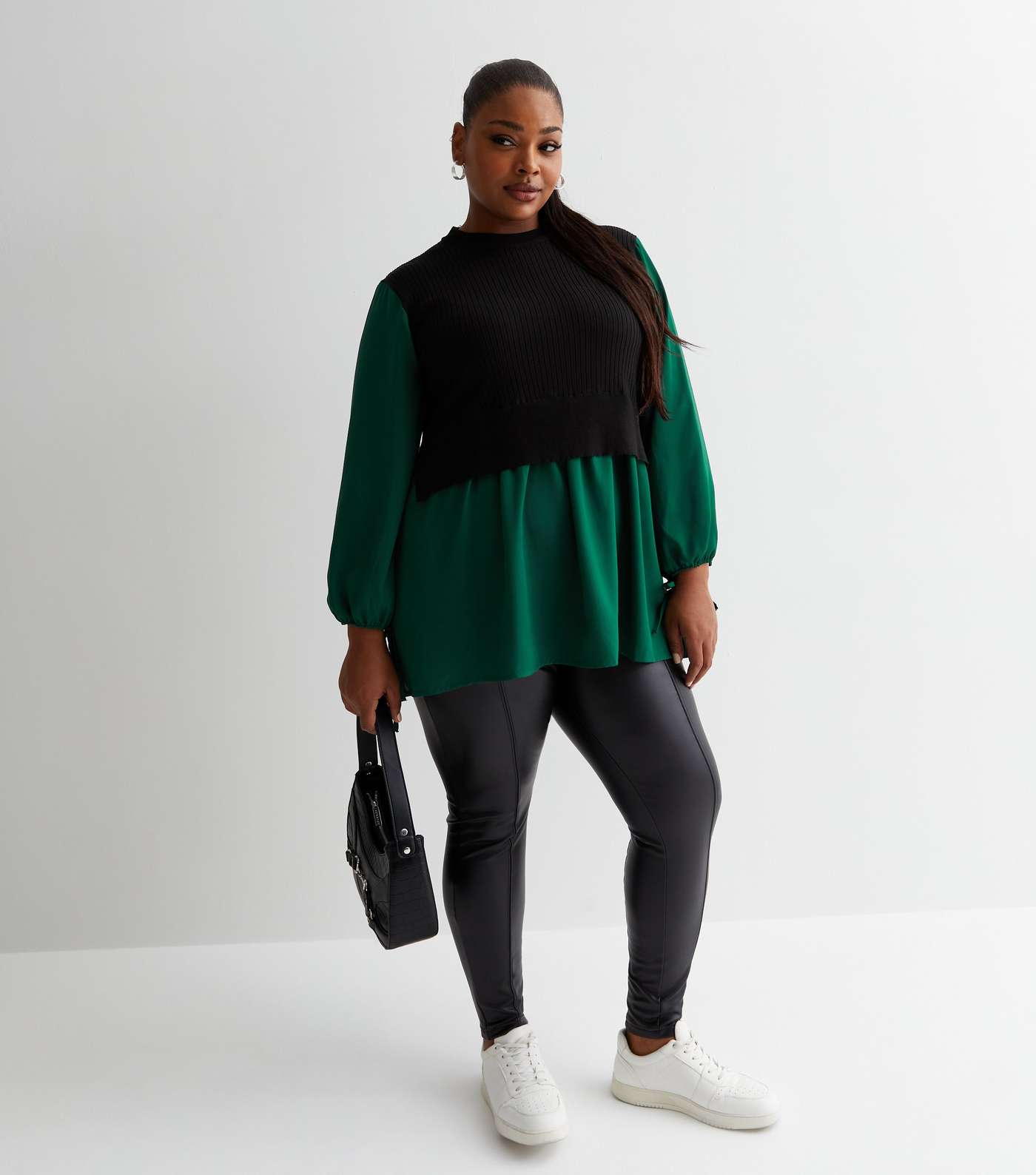 Curves Dark Green Ribbed Knit 2 in 1 Blouse Image 3