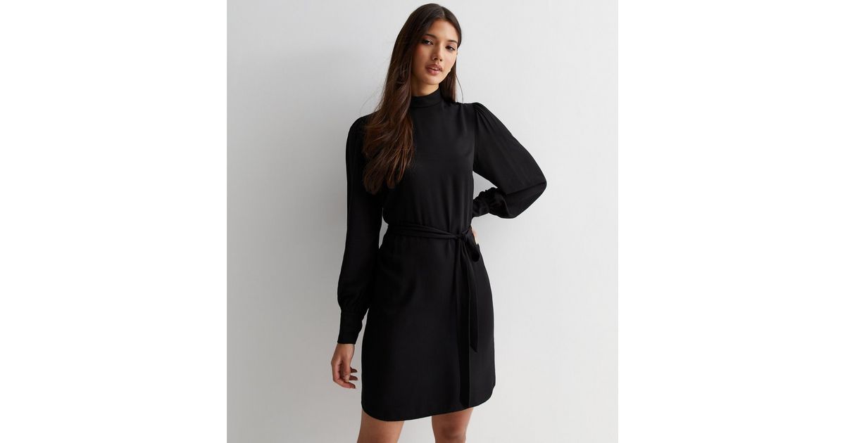 Black High Neck Long Sleeve Belted Mini Dress | New Look