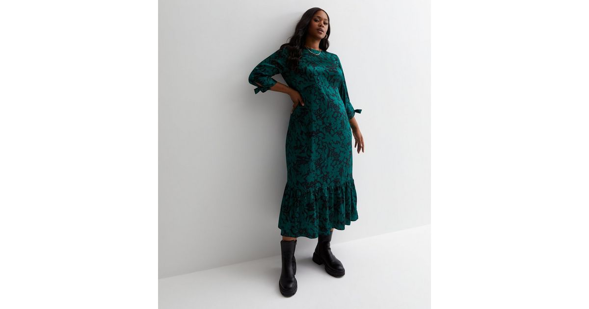 Curves Green Floral Satin Frill Hem Midaxi Dress | New Look