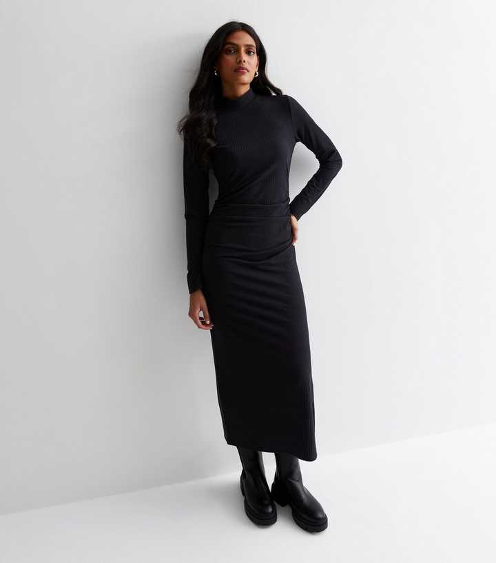 open lace back dress Cielo Mock Neck Long Sleeve Ribbed Mid Dress Black main image 1