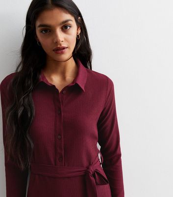 Burgundy Crinkle Jersey Belted Midaxi Shirt Dress New Look