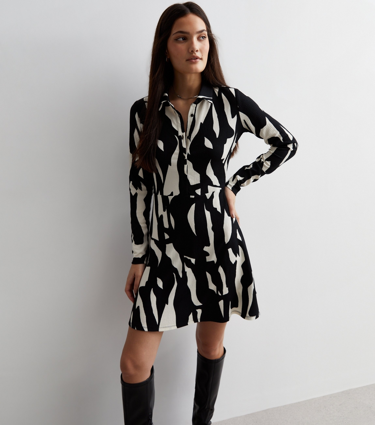 Women's Black Abstract Print Crinkle Jersey Mini Shirt Dress New Look