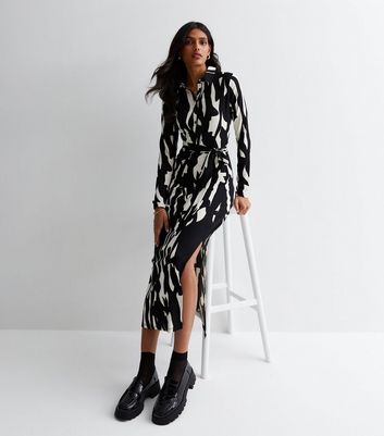 Black Abstract Print Crinkle Jersey Belted Midaxi Dress New Look