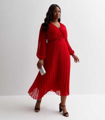 Curves Red Chiffon Pleated Wrap Midaxi Dress