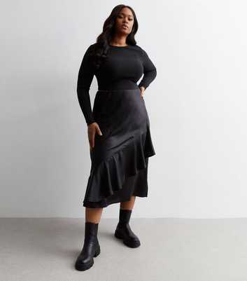 Curves Black Satin Ruffle Midi Skirt