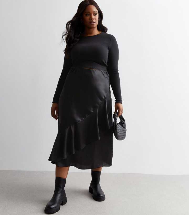 Curves Black Satin Ruffle Midi Skirt